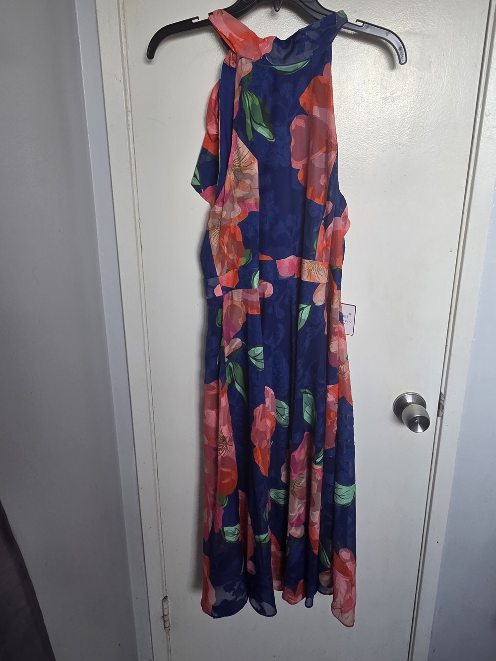Tahari Navy Maxi Dress with Coral and Green Floral Print